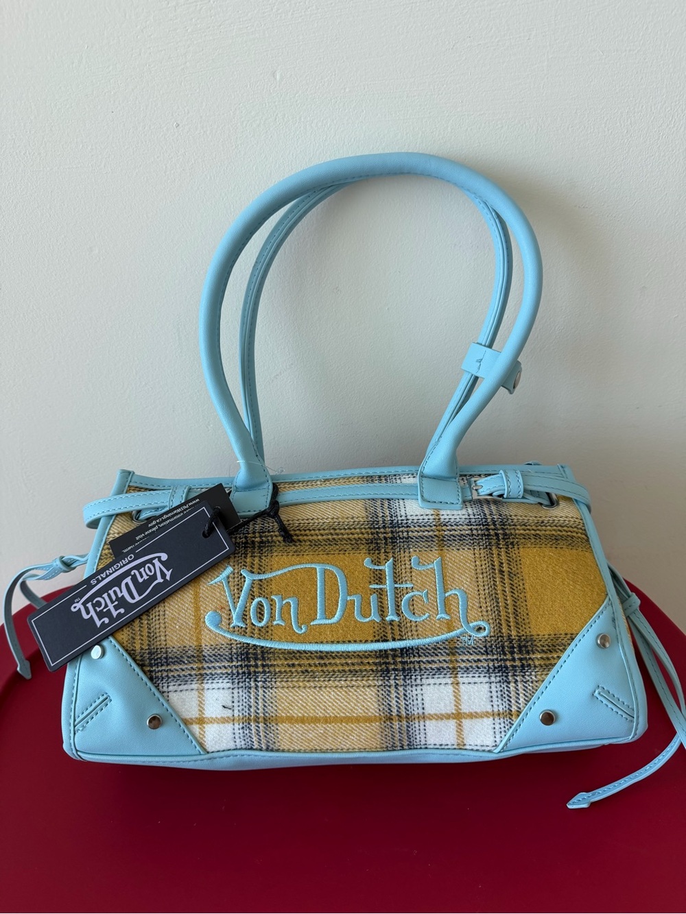 Von Dutch Yellow Plaid Shoulder Bag with Light Blue Trim